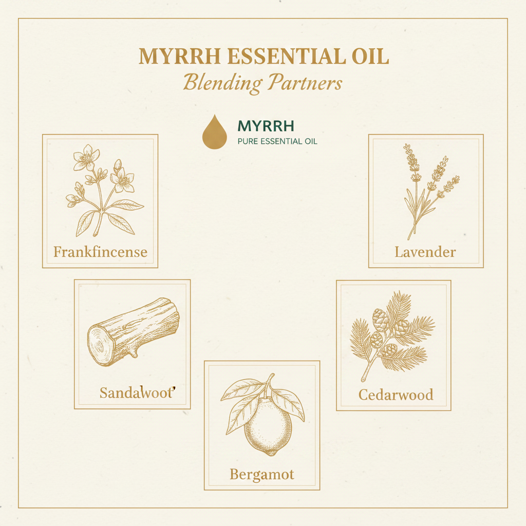 Plant Therapy Myrrh Essential Oil blending guide infographic