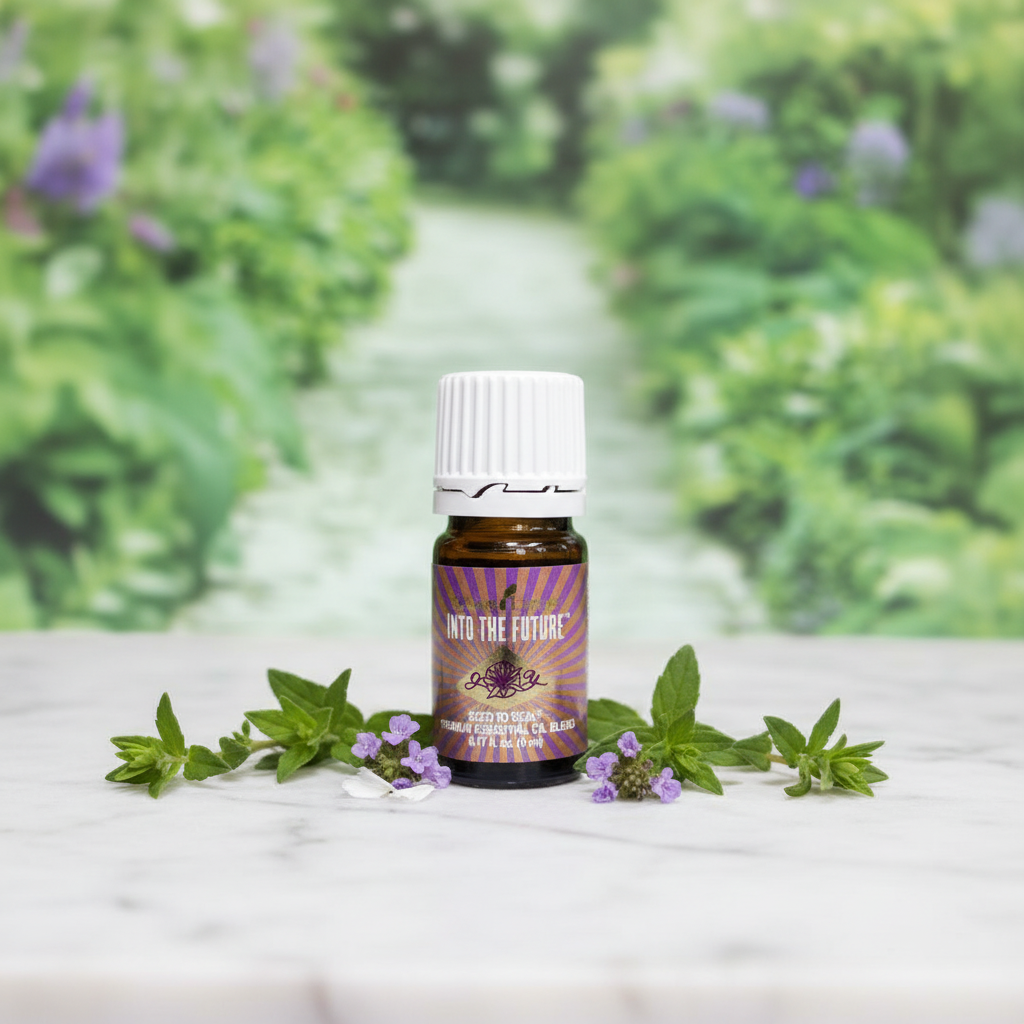 Into The Future essential oil on marble with purple botanicals
