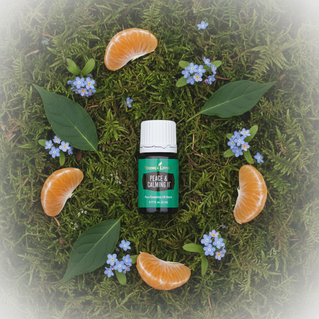 Peace & Calming II essential oil flat lay on moss with tangerine slices and blue flowers