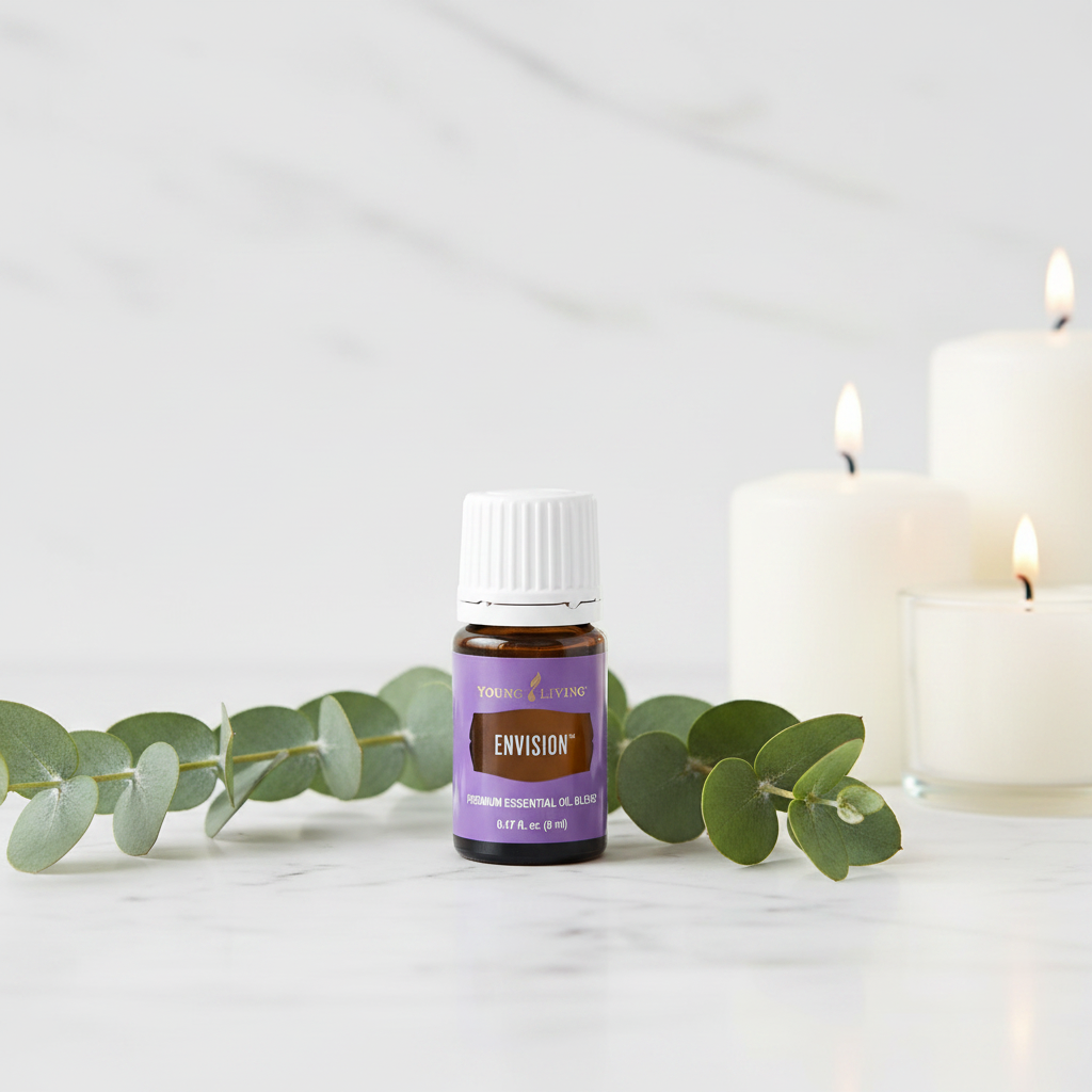Young Living Envision oil bottle on white marble with eucalyptus and candles