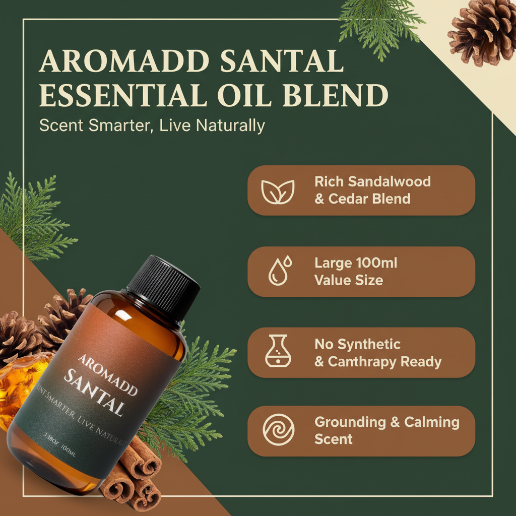 Key benefits infographic for Aromadd Santal Essential Oil