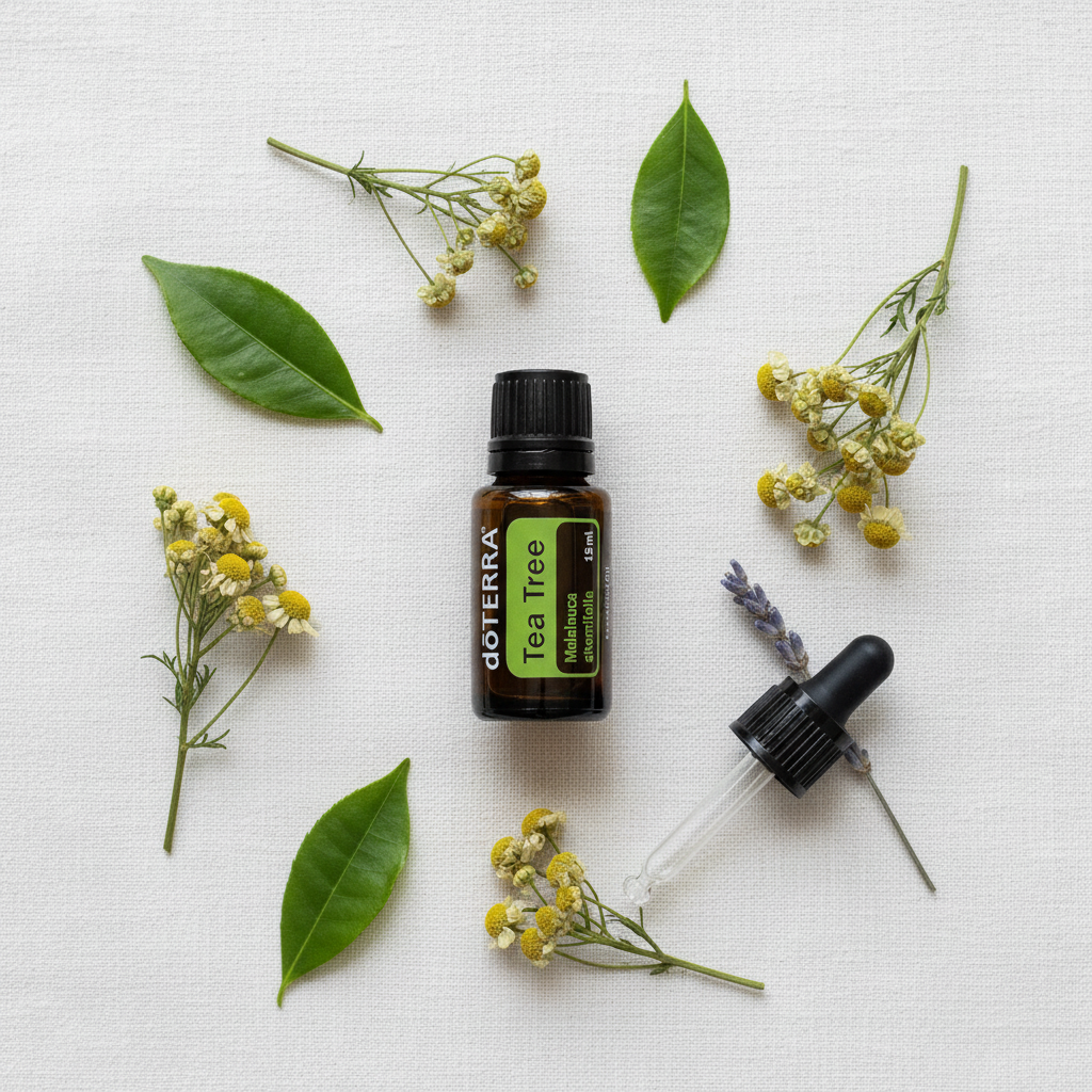 doTERRA Tea Tree Essential Oil flat lay minimalist