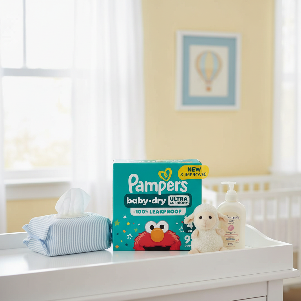 Pampers Baby Dry Size 4 on changing table with baby essentials