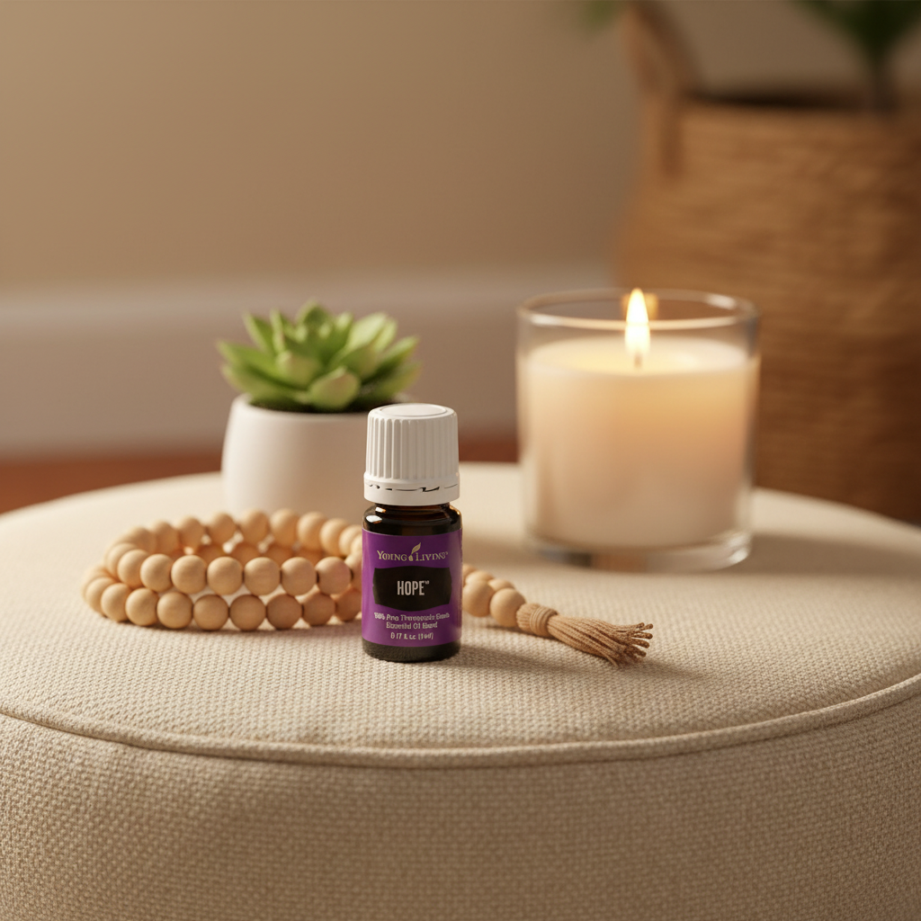 Hope oil on meditation cushion with mala beads and candle