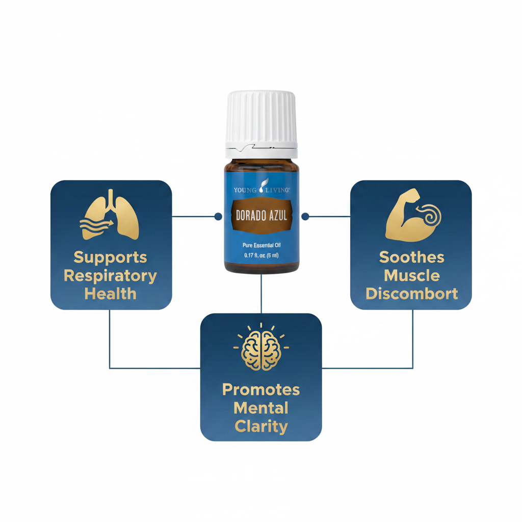 Dorado Azul Essential Oil key benefits infographic