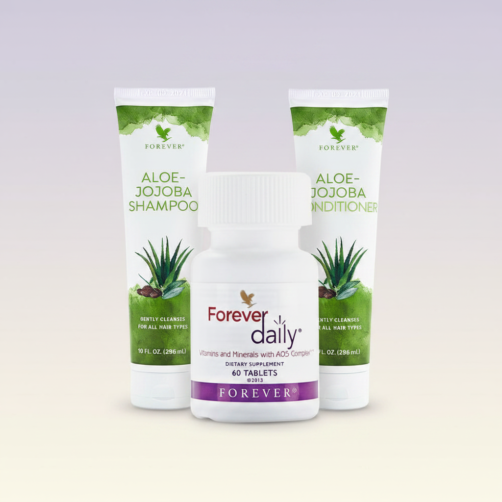 Forever Daily, Aloe-Jojoba Shampoo and Conditioner bundle on pastel lavender background