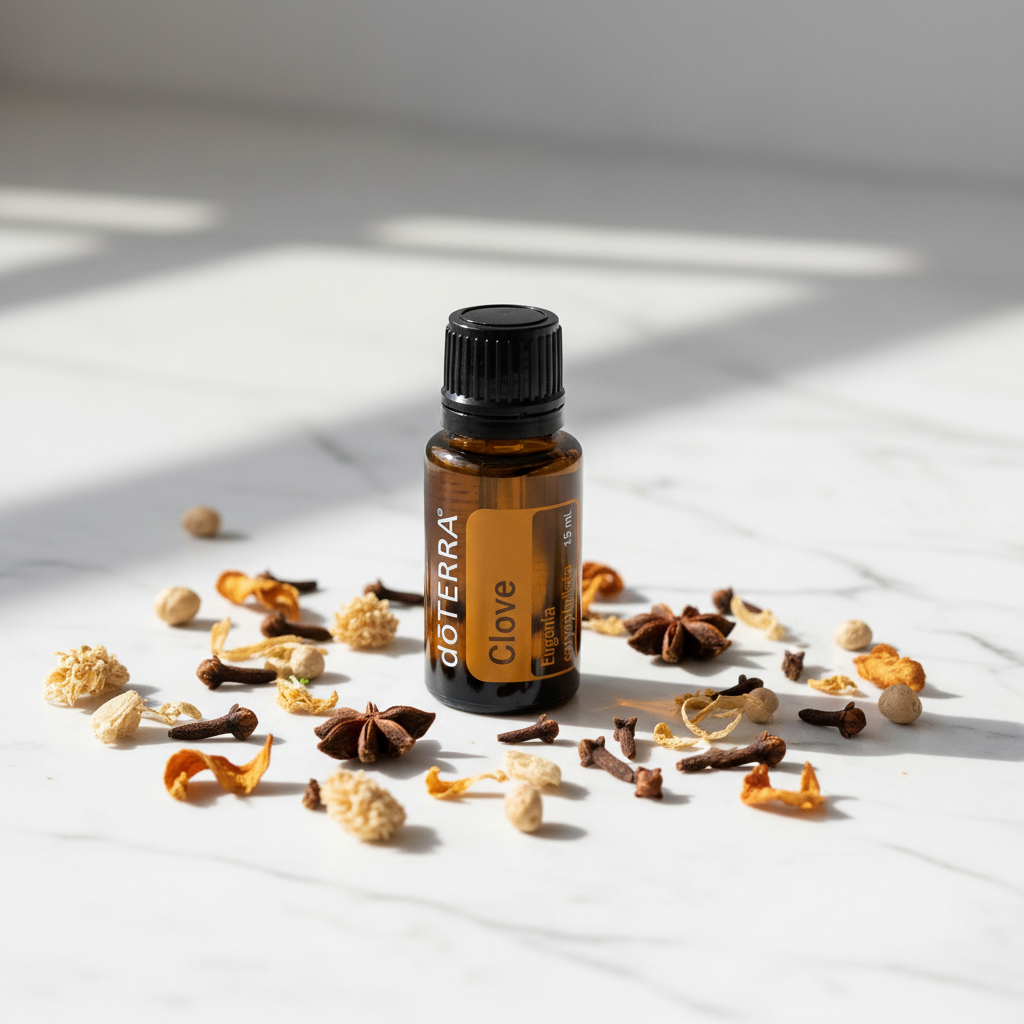 doTERRA Clove Essential Oil on white marble with whole cloves and botanicals