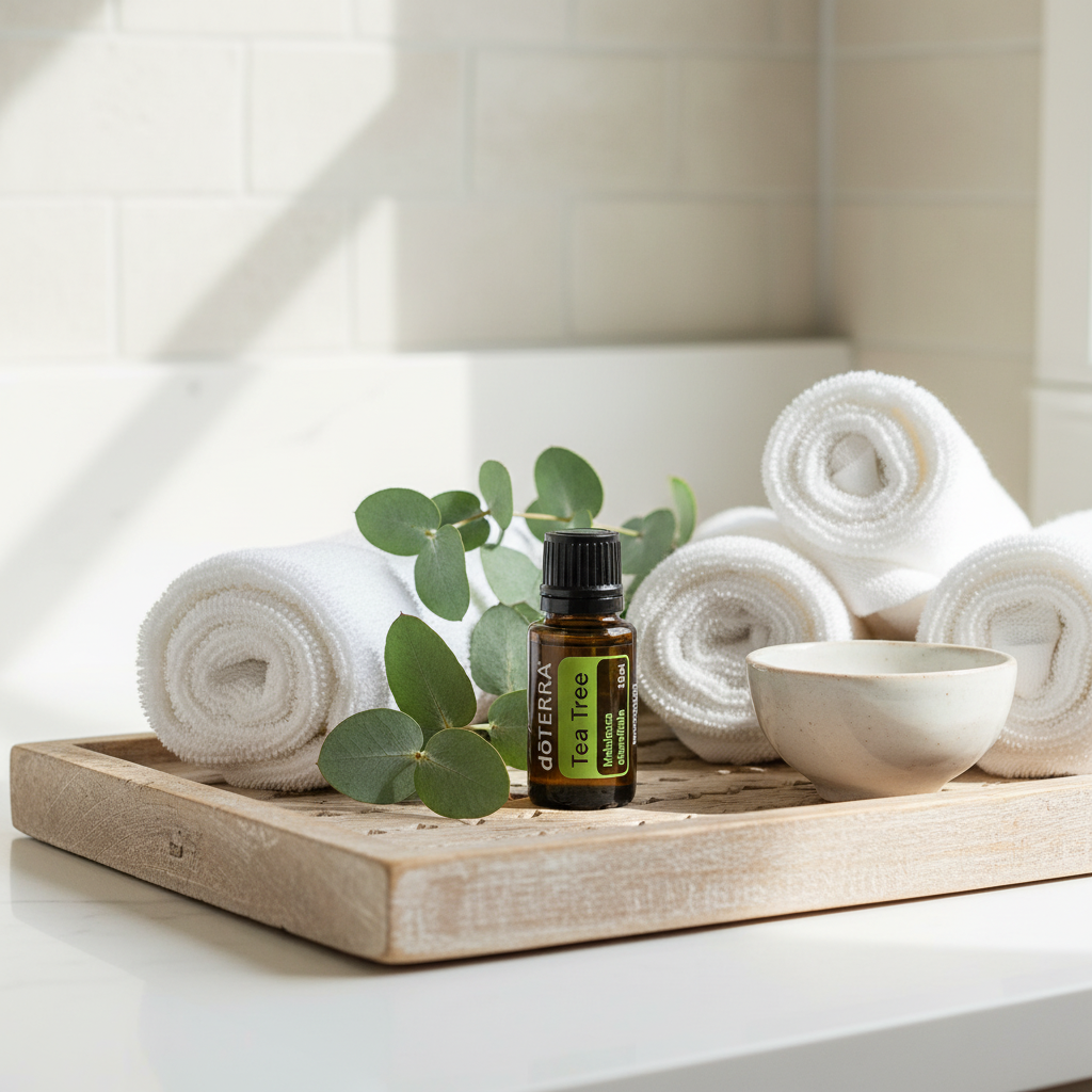 doTERRA Tea Tree Essential Oil on wooden spa tray