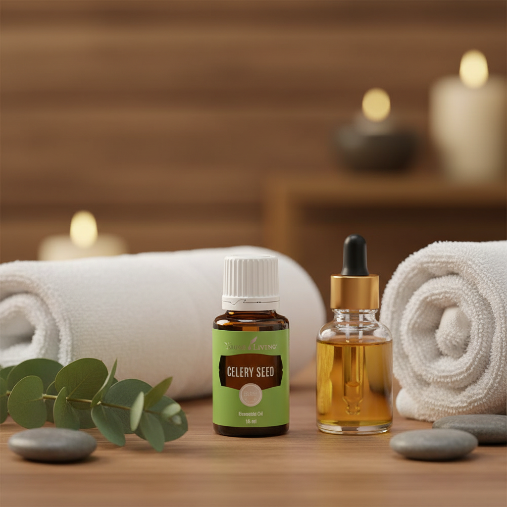 Celery Seed Essential Oil on spa table with towels