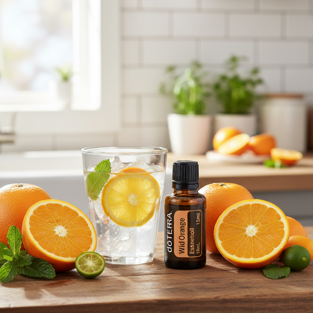 doTERRA Wild Orange Essential Oil next to citrus water in kitchen wellness scene