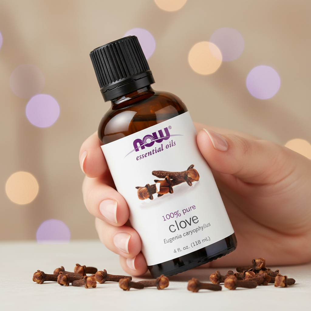 NOW Clove Oil hand hold lifestyle