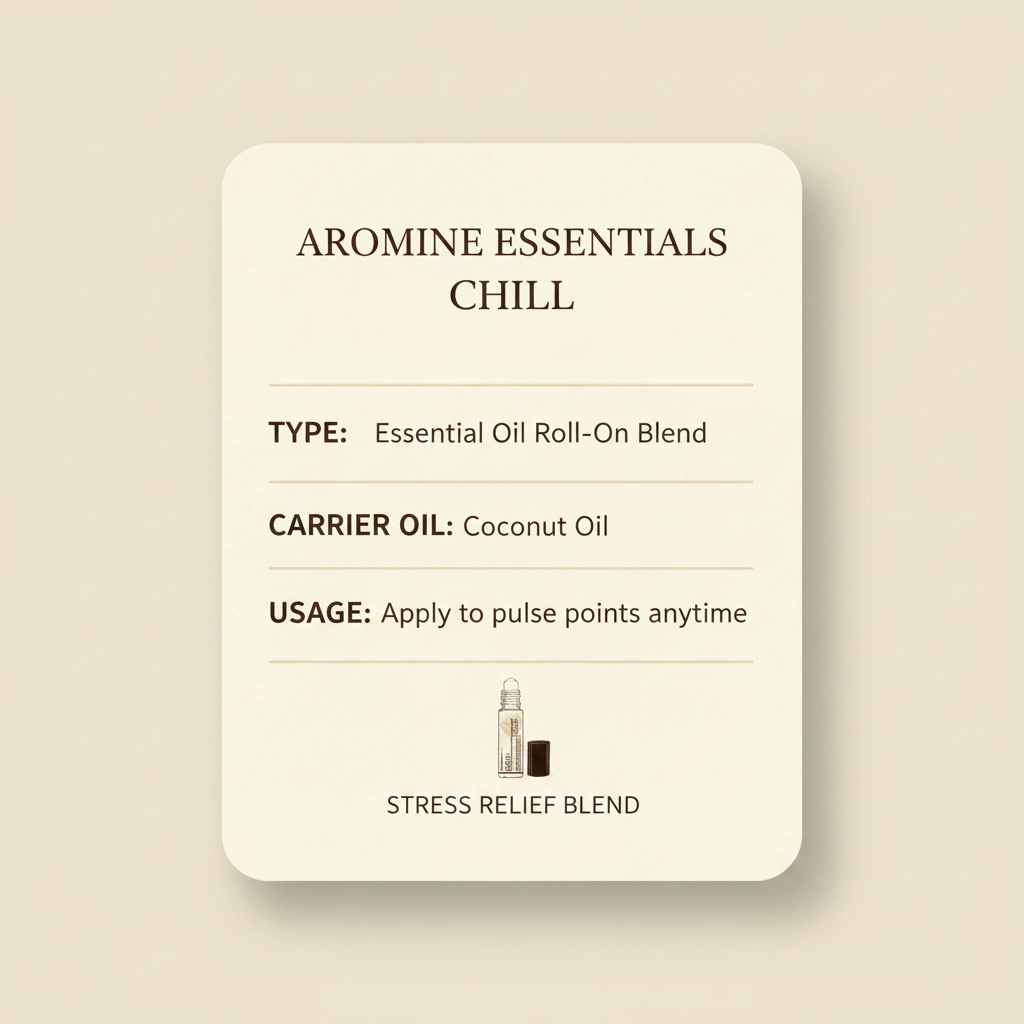 Aromine Essentials Chill Roll-On Blend product details infographic