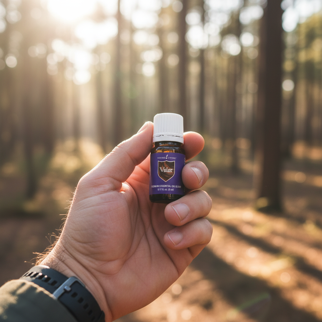 Valor essential oil held confidently in hand with forest background