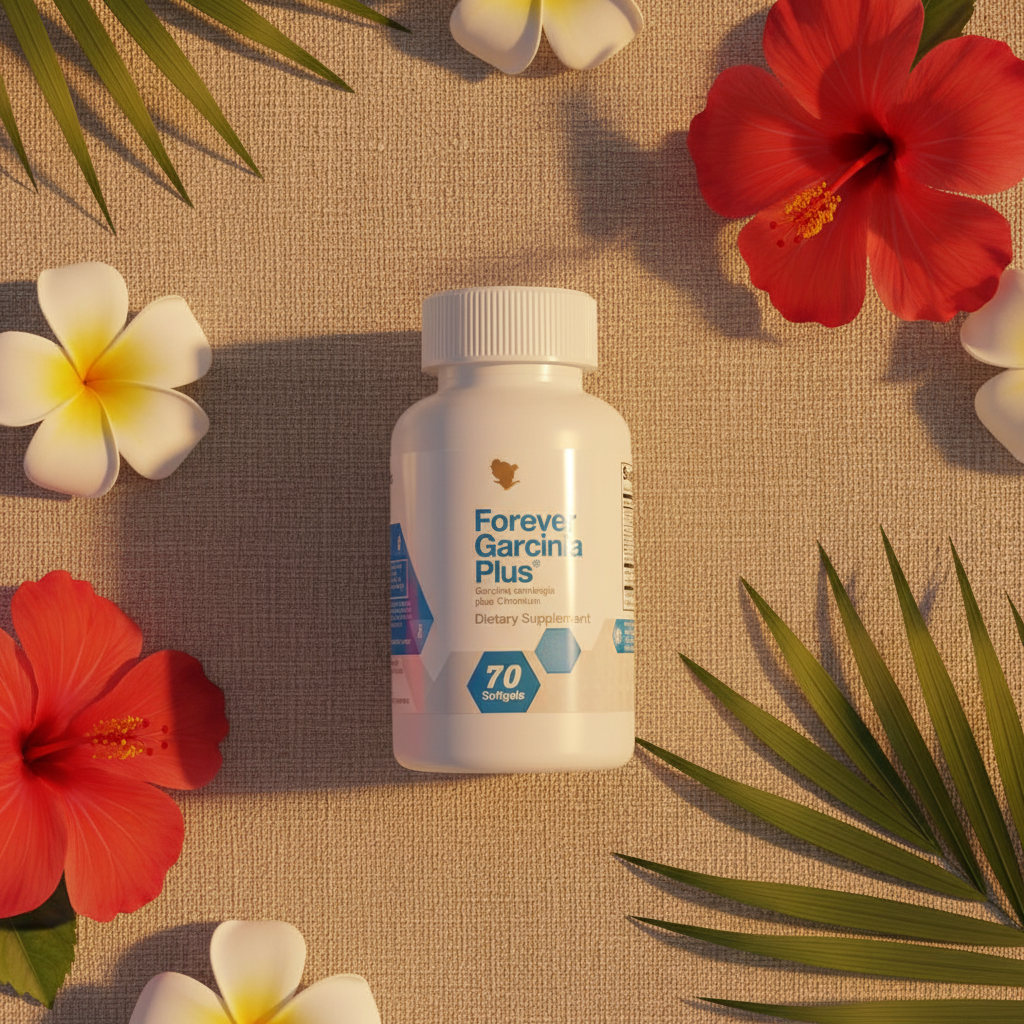 Forever Garcinia Plus bottle on sandy beige with tropical flowers