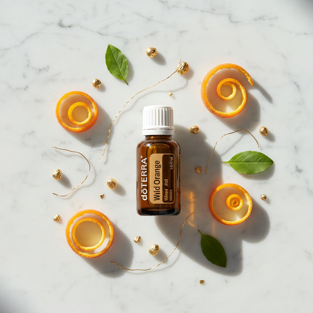 doTERRA Wild Orange Essential Oil top-down flat lay with orange peels and green leaves