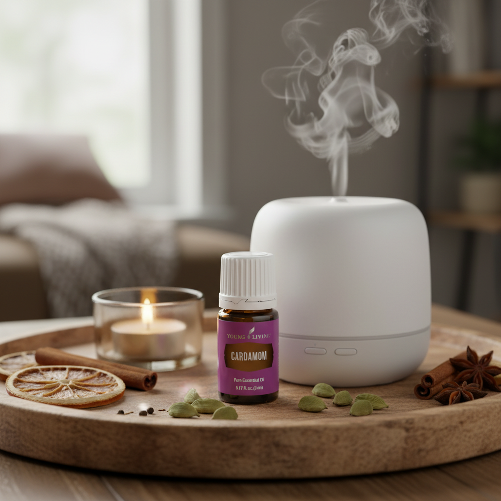 Cardamom essential oil next to ceramic diffuser with mist and spice botanicals
