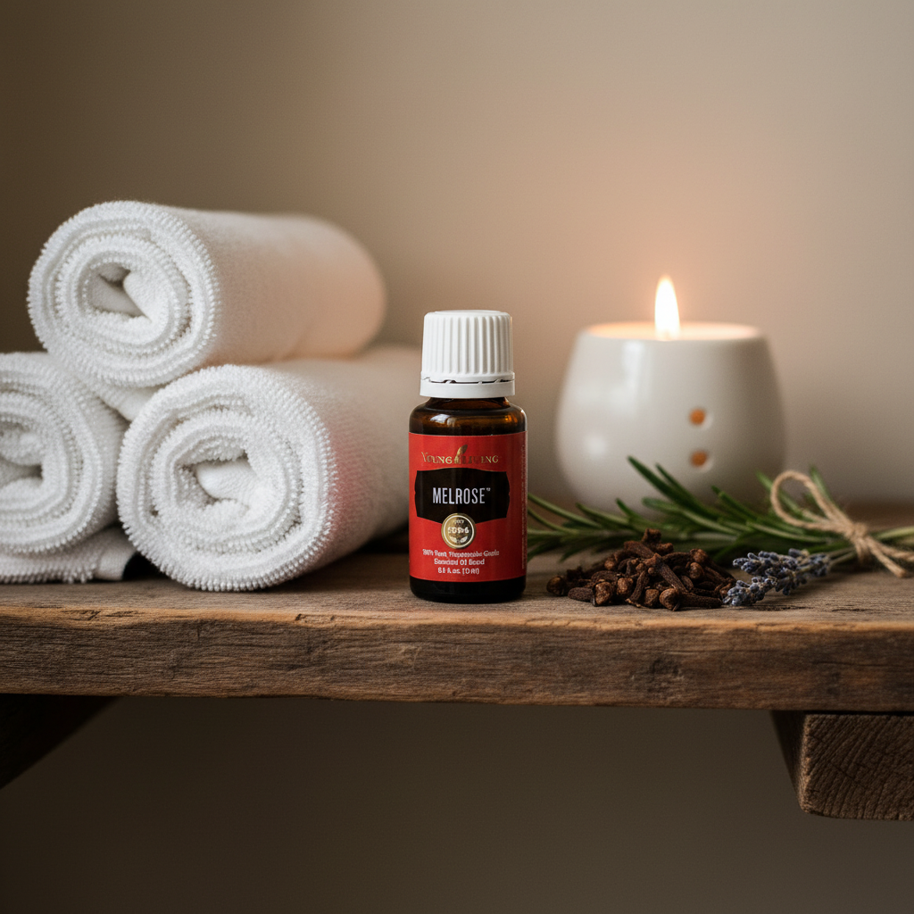 Melrose essential oil on rustic bathroom shelf with towels, clove buds and candlelight