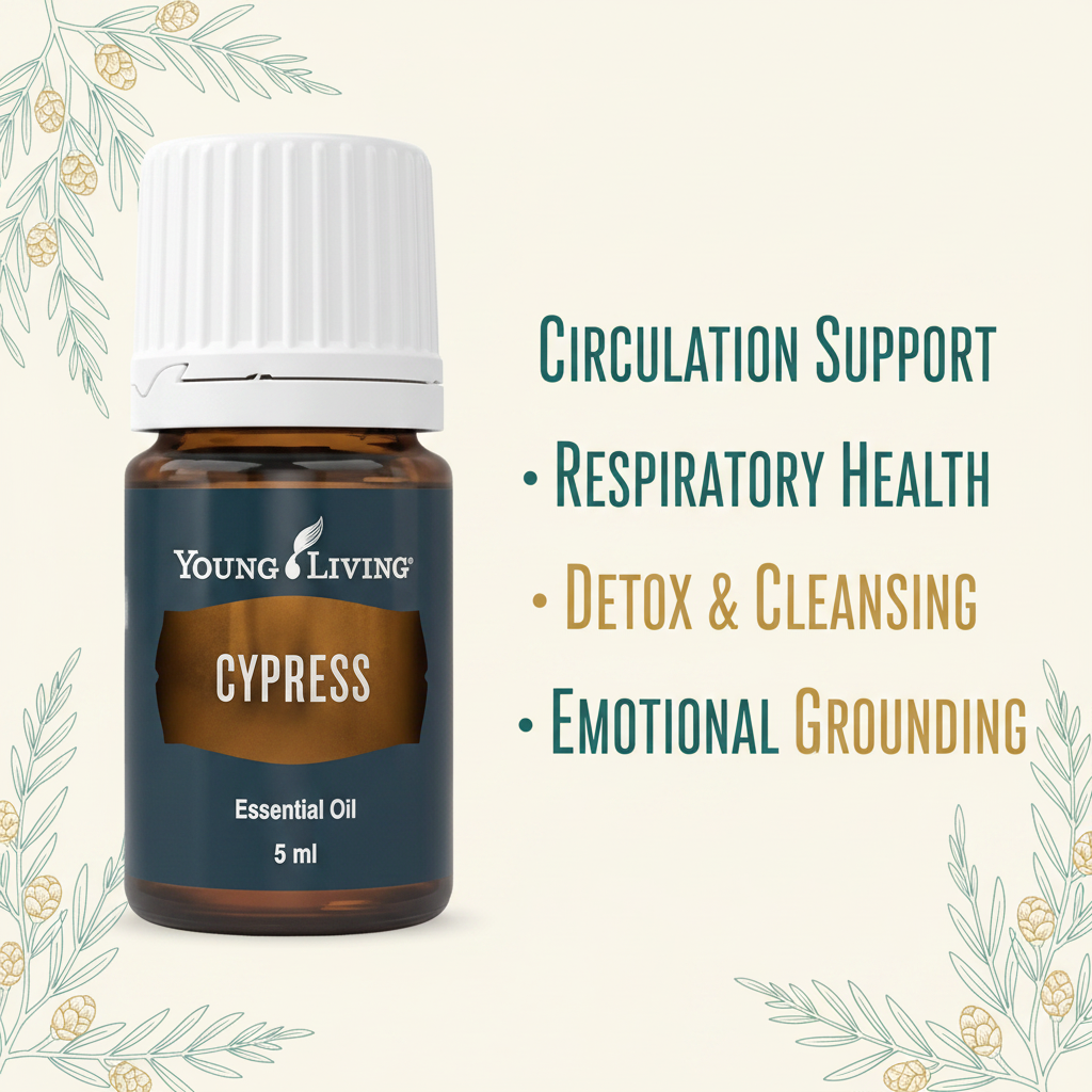 Cypress oil uses infographic - circulation support respiratory health detox emotional grounding