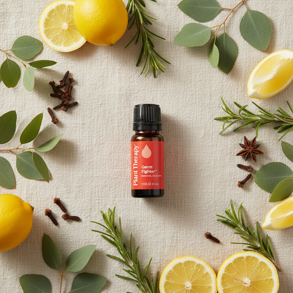 Plant Therapy Germ Fighter top-down flat lay on linen with botanicals