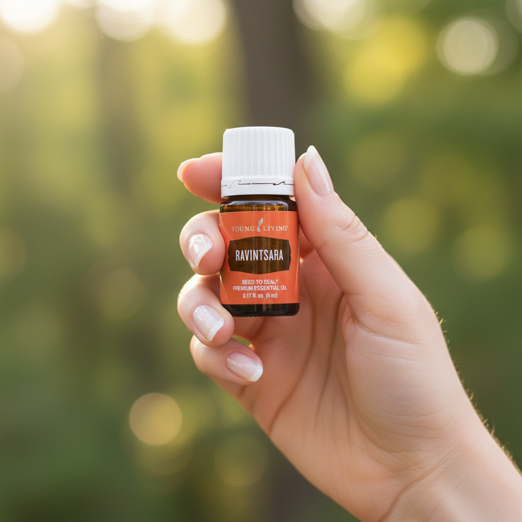 Ravintsara essential oil held in hand with natural green background