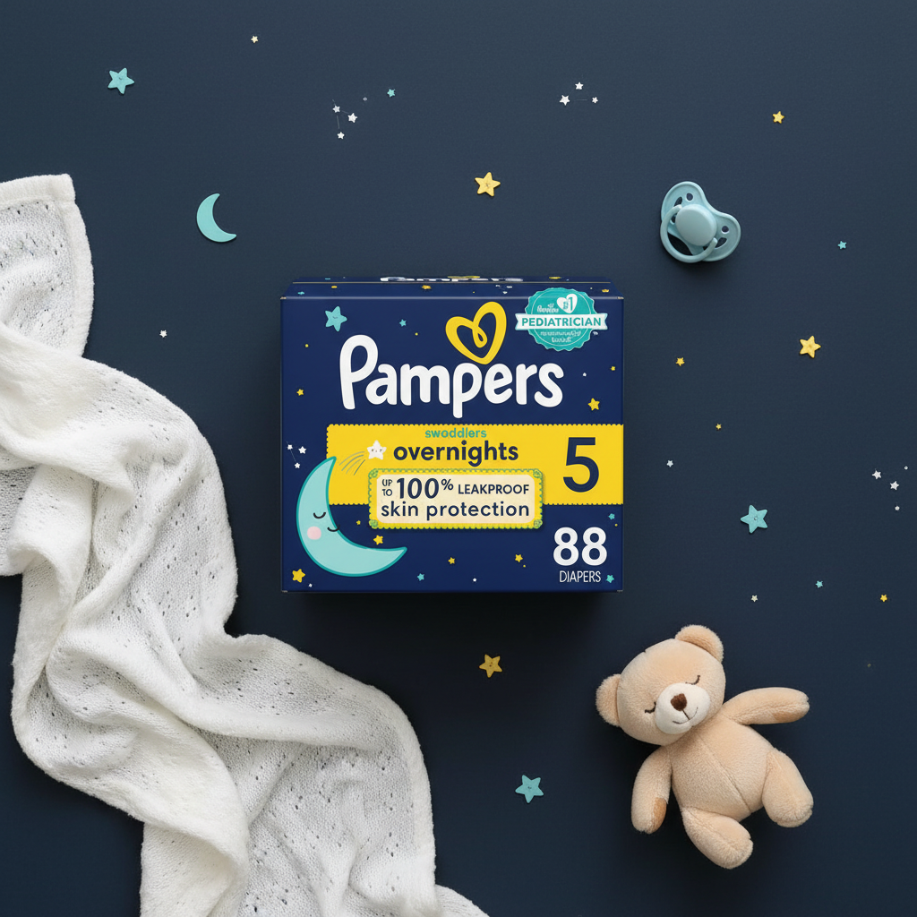 Pampers Swaddlers Overnights Size 5 diapers flat lay with baby sleep accessories