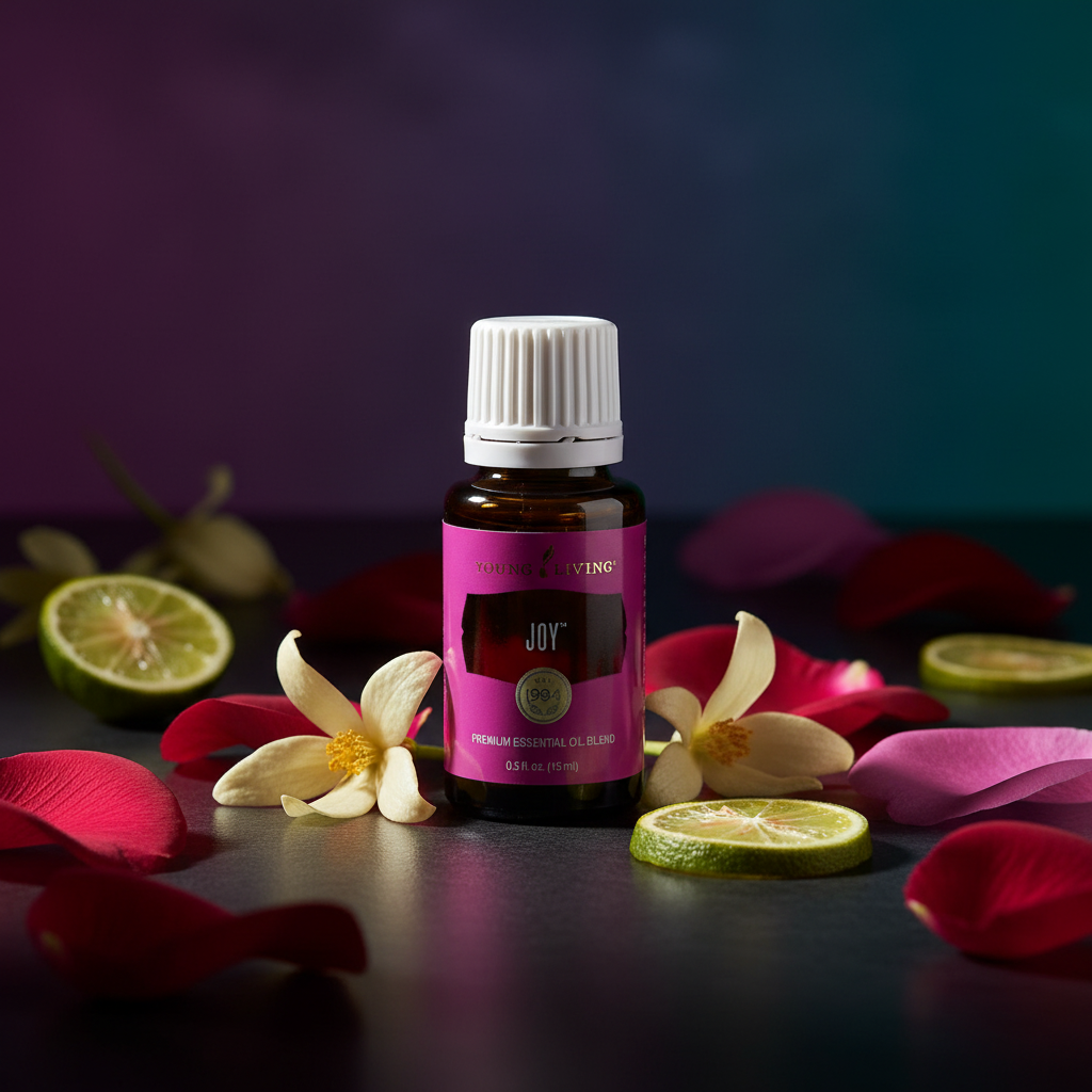 Young Living Joy essential oil moody editorial with rose petals and ylang ylang flowers