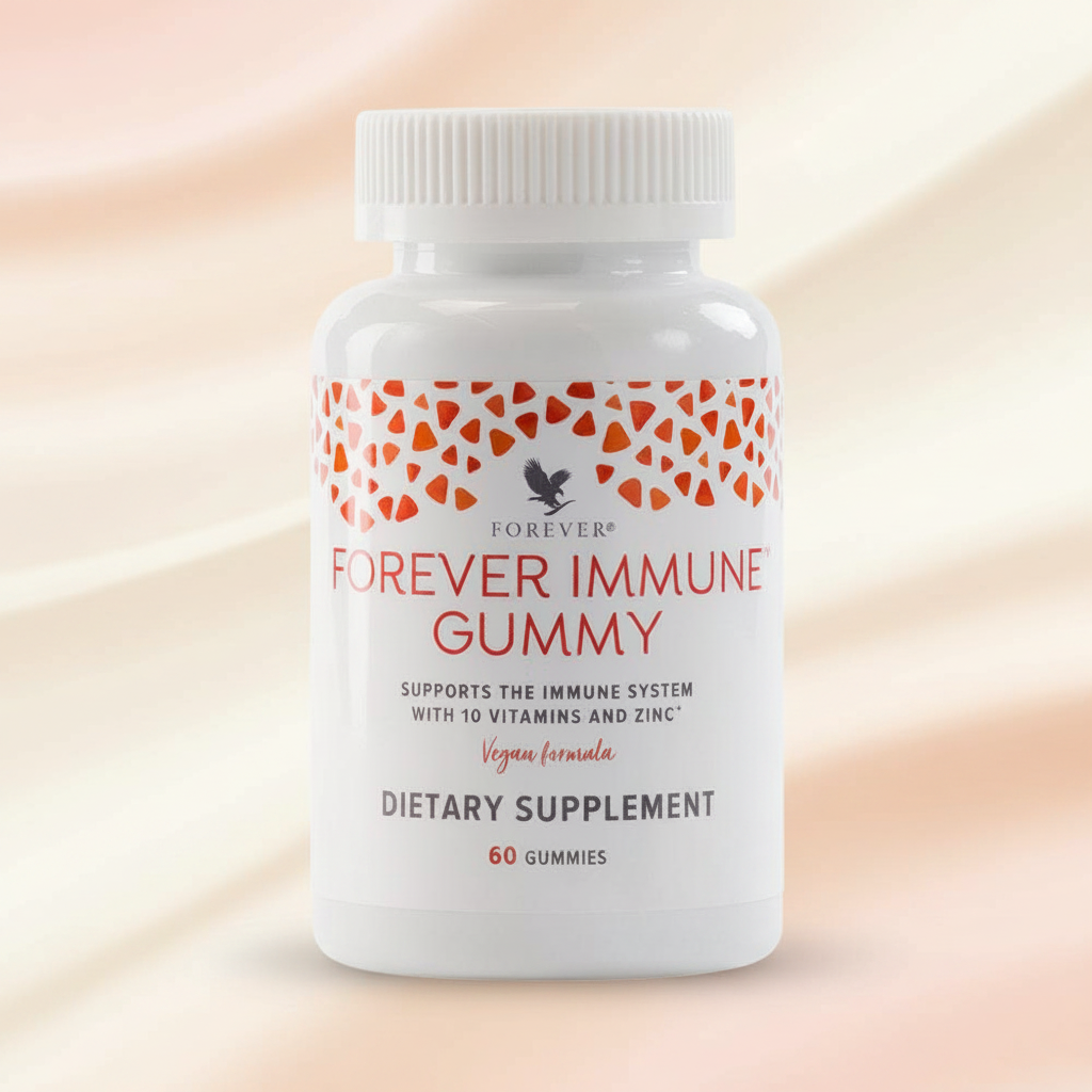 Forever Immune Gummy bottle on pastel peach and cream background