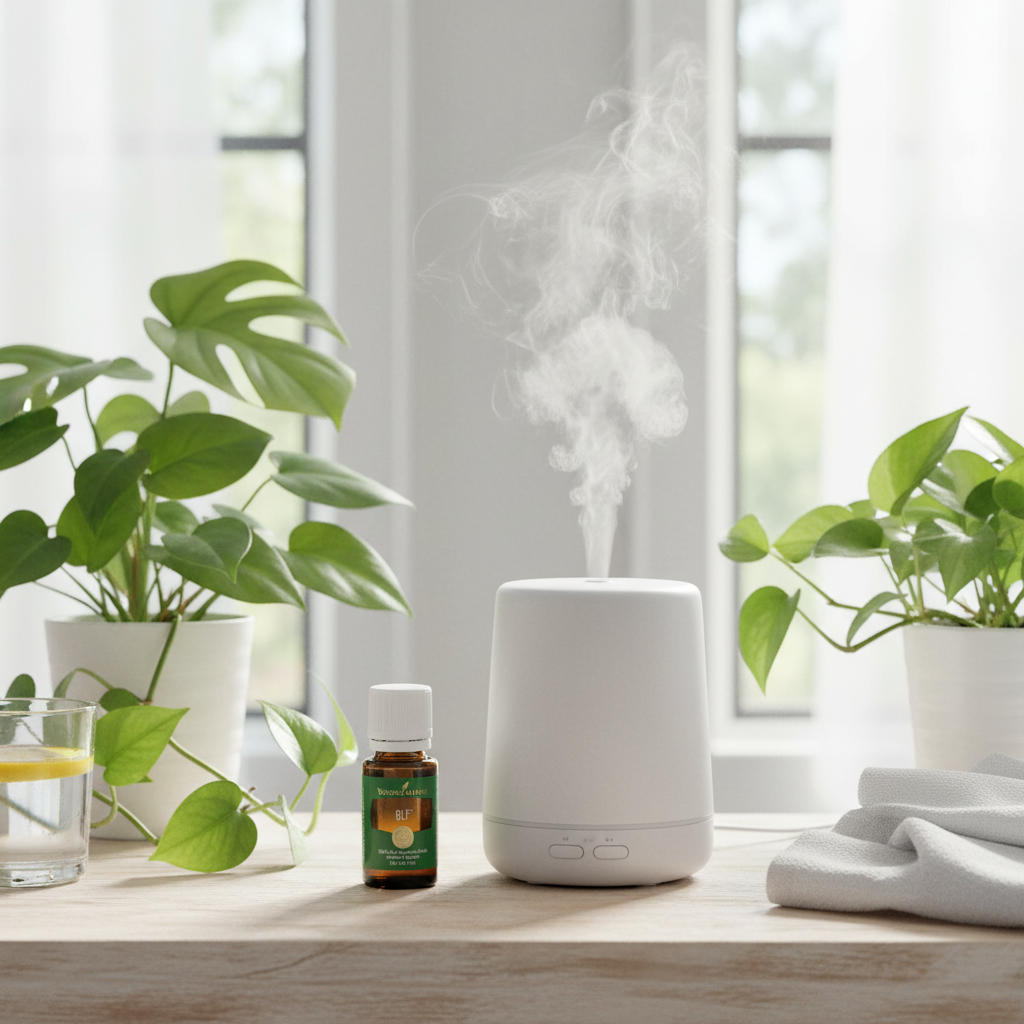 GLF bottle next to diffuser in bright spa setting for detox and cleanse support