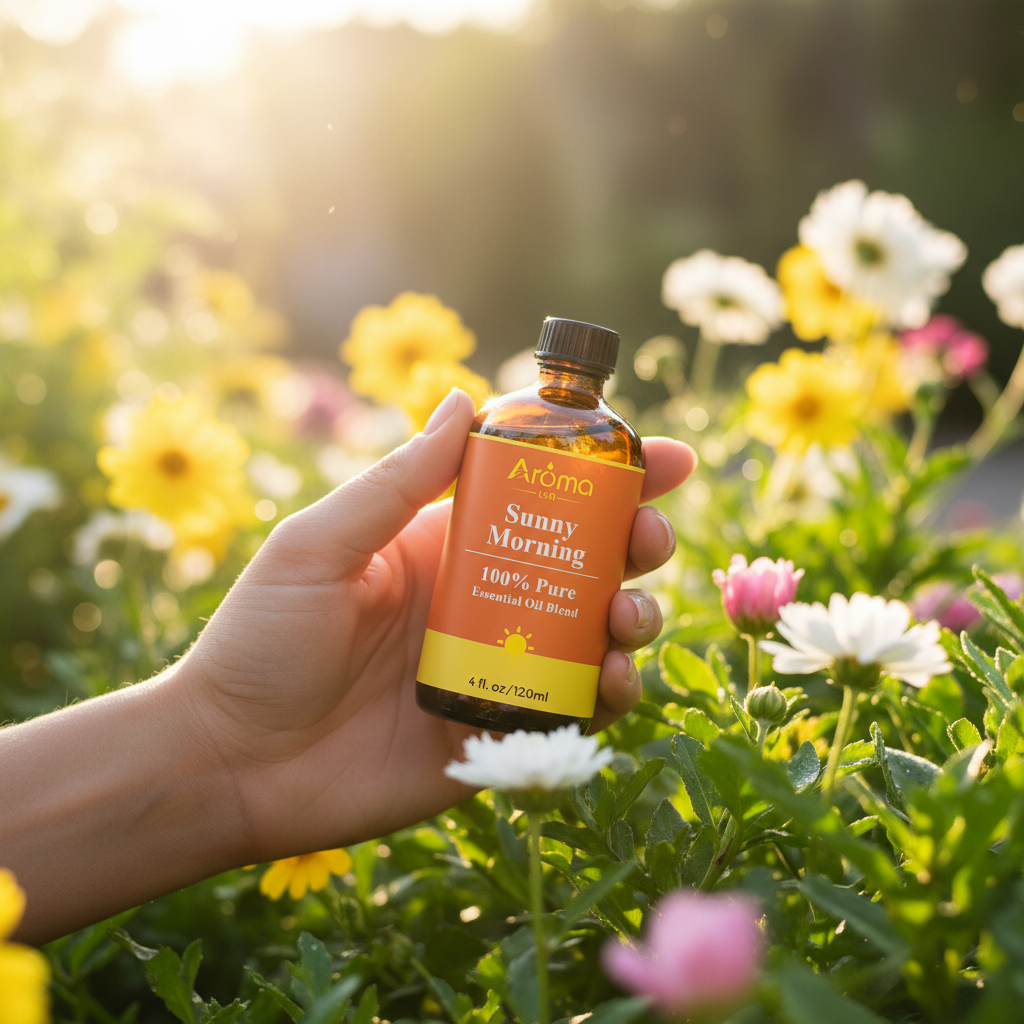 Hand holding Sunny Morning bottle in sunny garden