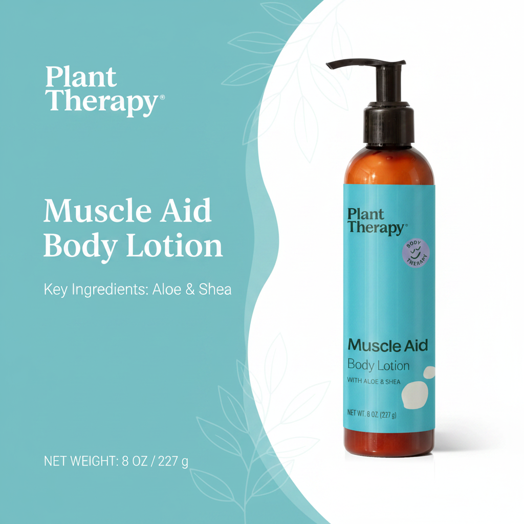 Plant Therapy Muscle Aid Body Lotion product details infographic