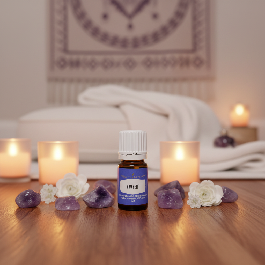 Awaken oil in meditation room with amethyst crystals and candlelight