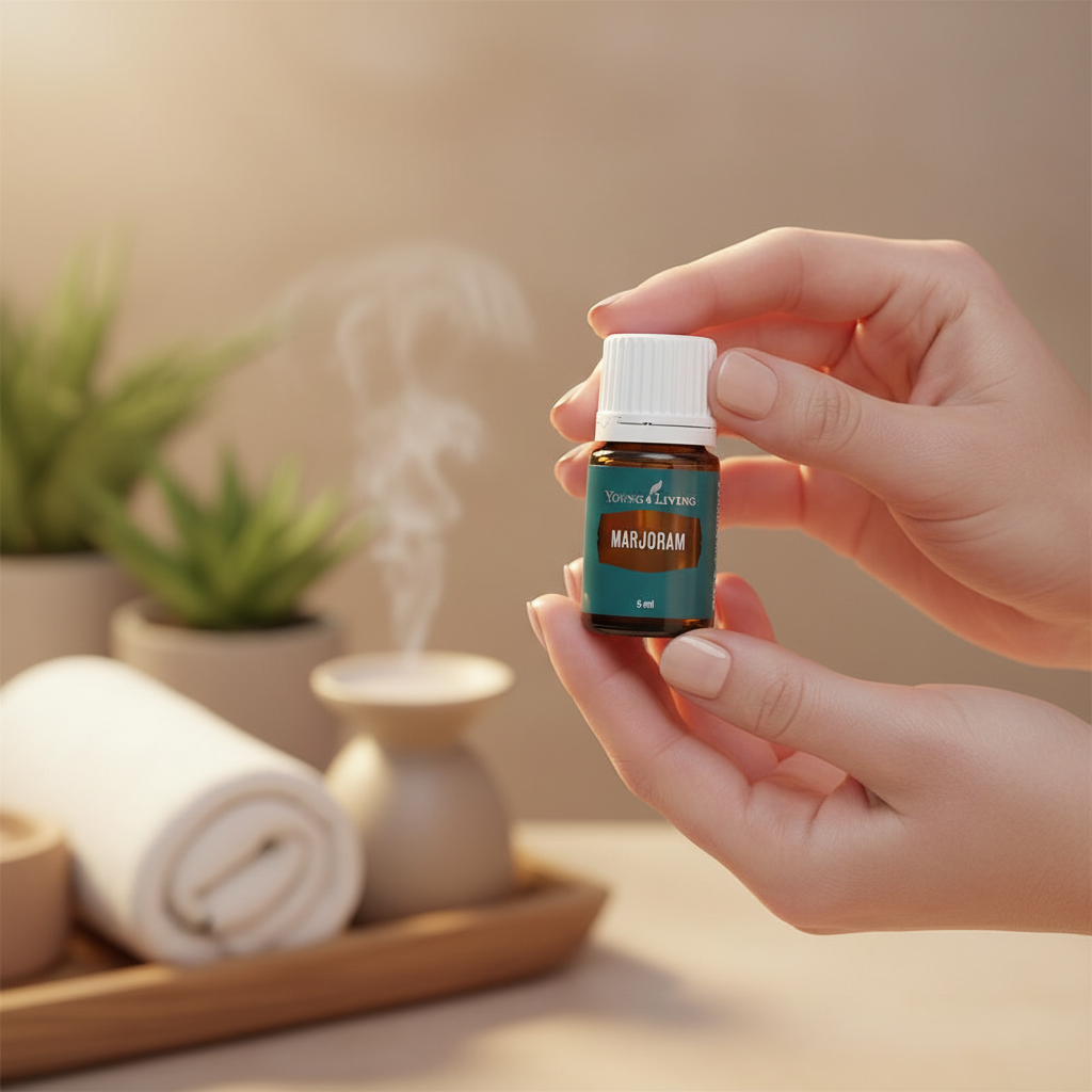 Woman holding Marjoram bottle in spa setting