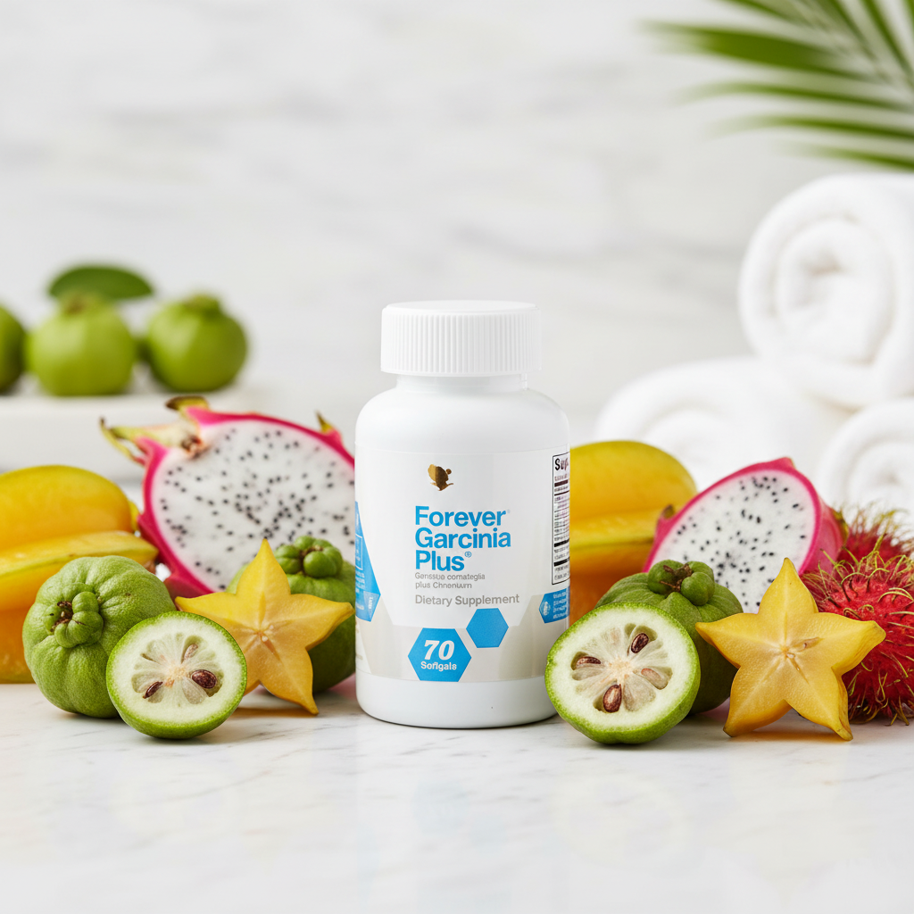 Forever Garcinia Plus bottle on white marble with tropical fruit