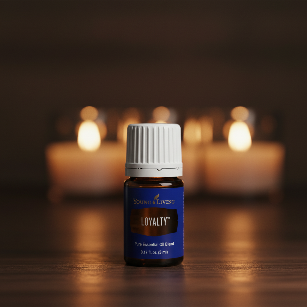 Young Living Loyalty bottle close-up with candlelight bokeh background