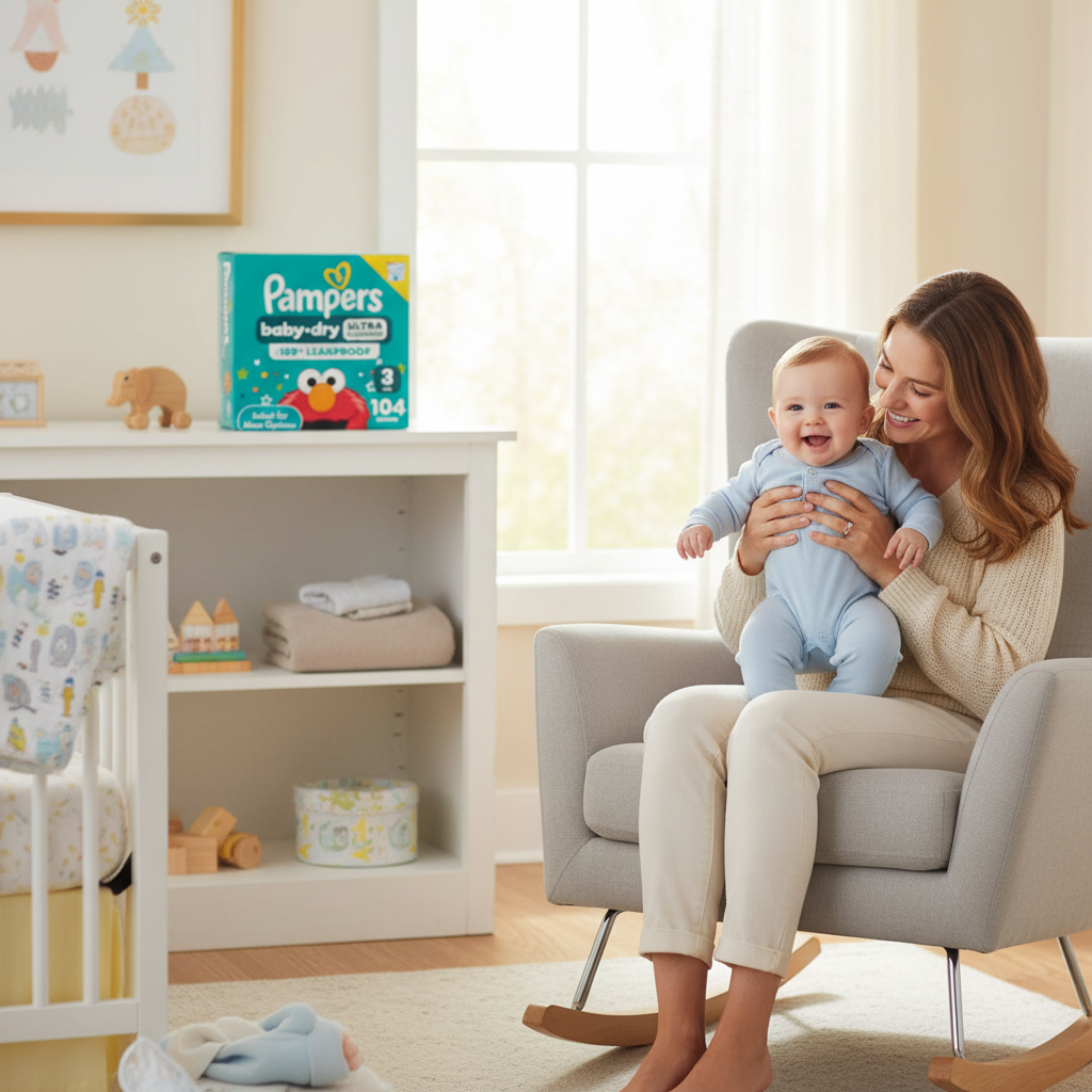 Mother holding baby in nursery with Pampers box on shelf