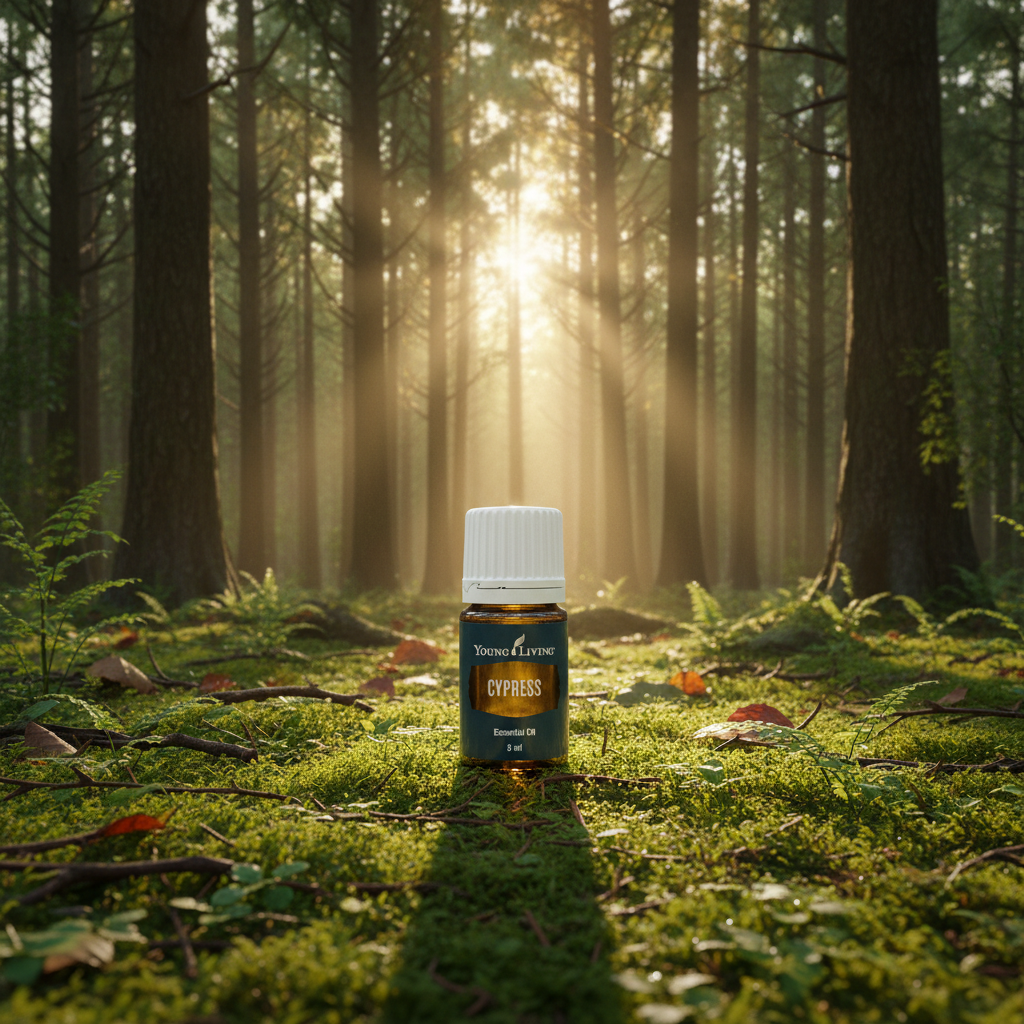Cypress oil on mossy forest floor with cypress trees and golden light