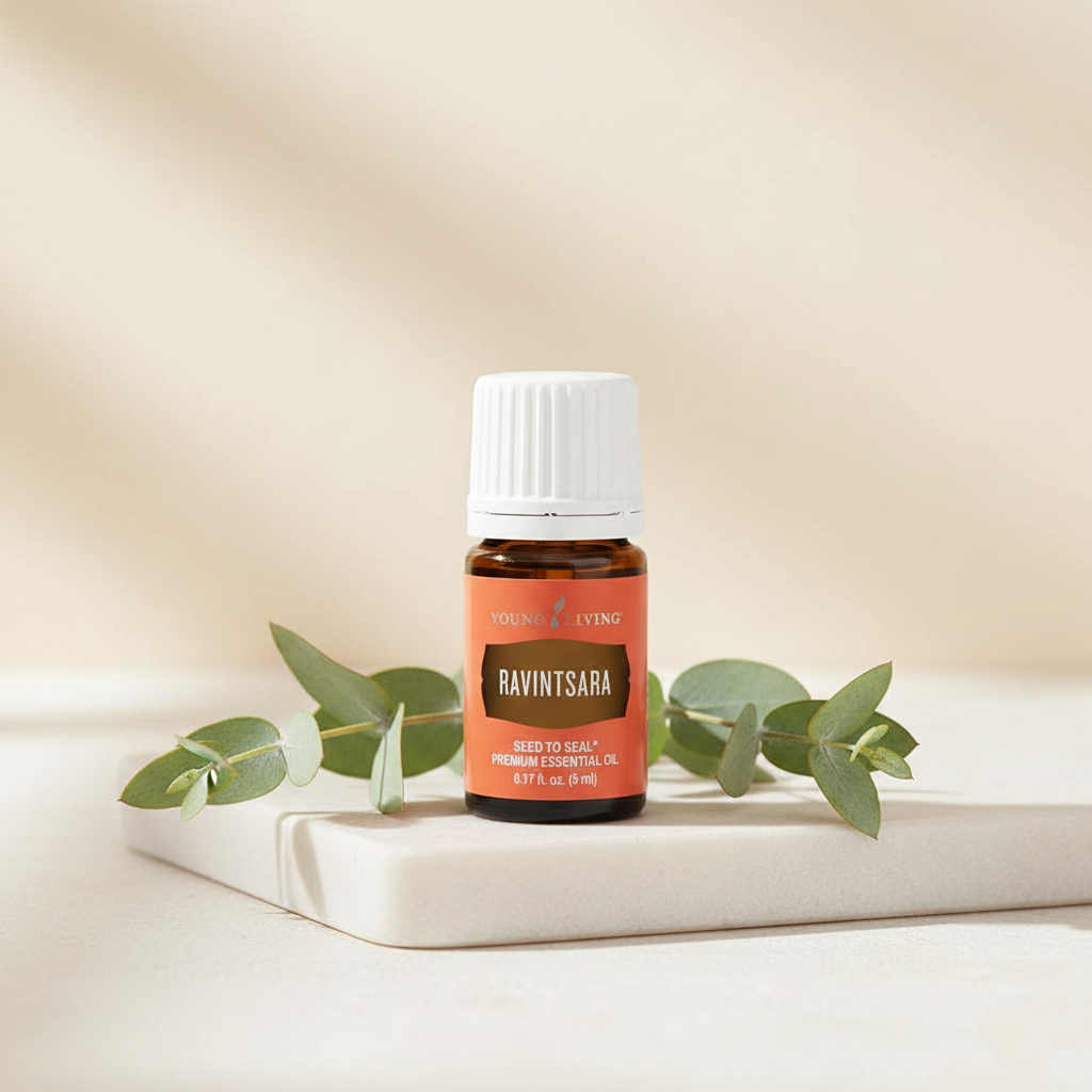 Ravintsara essential oil bottle with eucalyptus leaves on spa surface