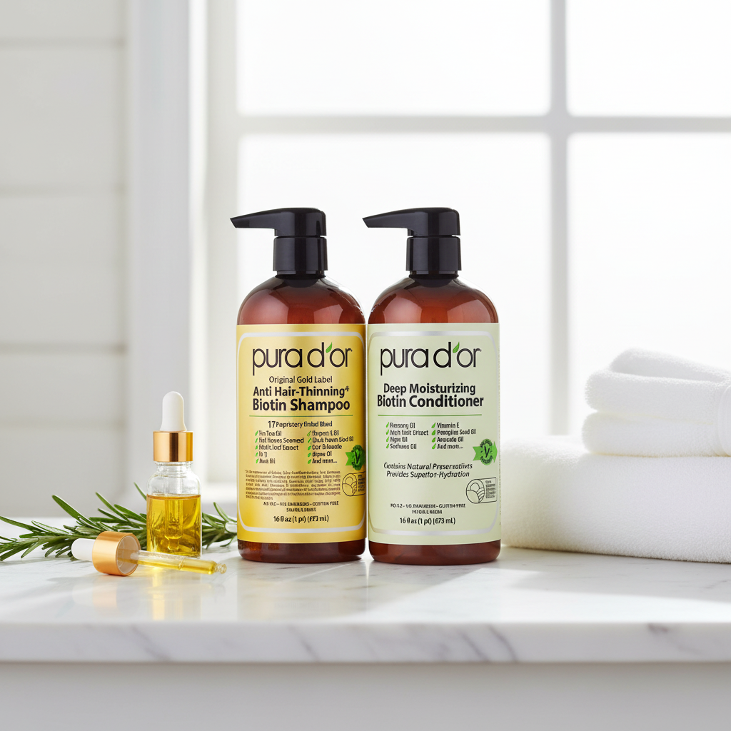 PURA D'OR Biotin Shampoo and Conditioner on marble countertop with botanicals