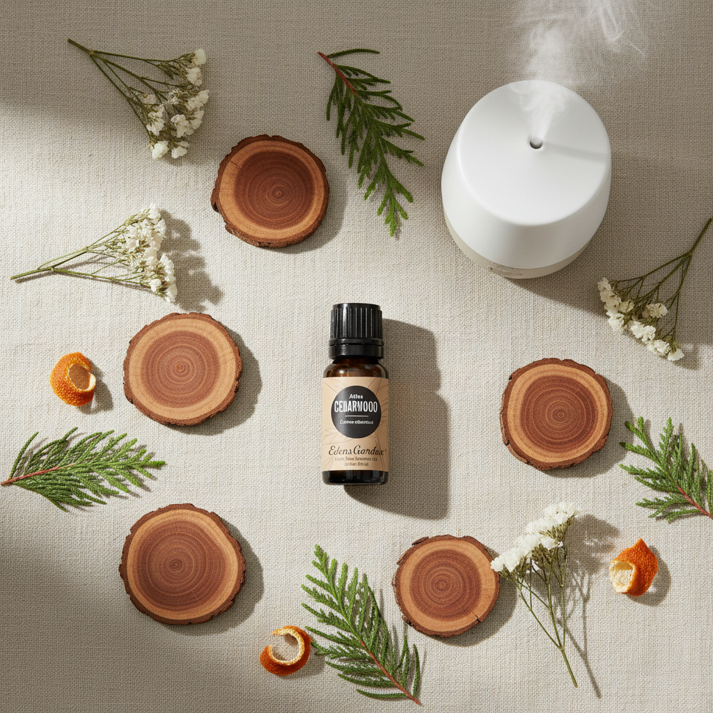 Atlas Cedarwood flatlay with cedar slices dried botanicals and diffuser on linen