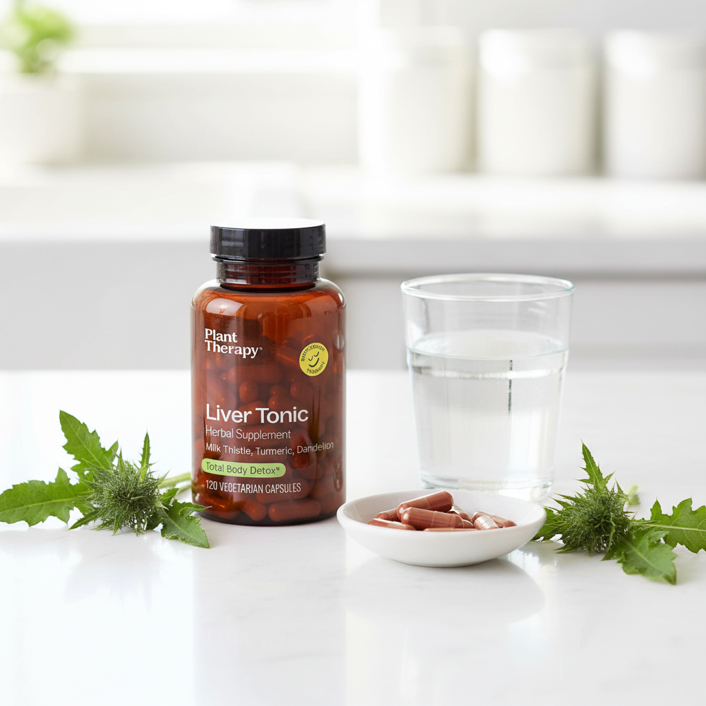 Plant Therapy Liver Tonic beside glass of water and fresh herbs on kitchen counter