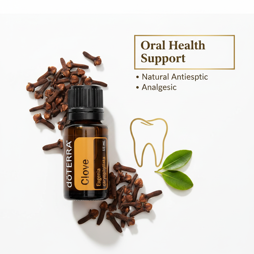 doTERRA Clove Essential Oil oral health support infographic - natural antiseptic and analgesic