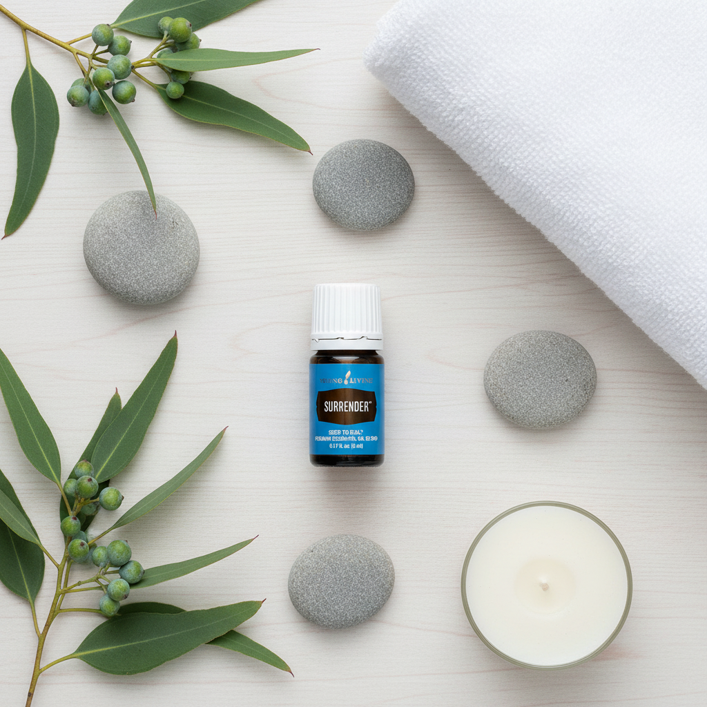 Surrender essential oil flat lay spa styling