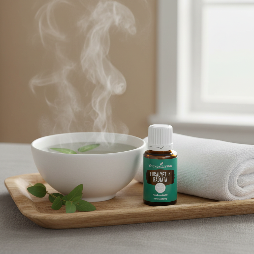 For Sinus Relief & Steam Inhalation — Eucalyptus Radiata bottle on spa tray with steaming bowl and eucalyptus leaves