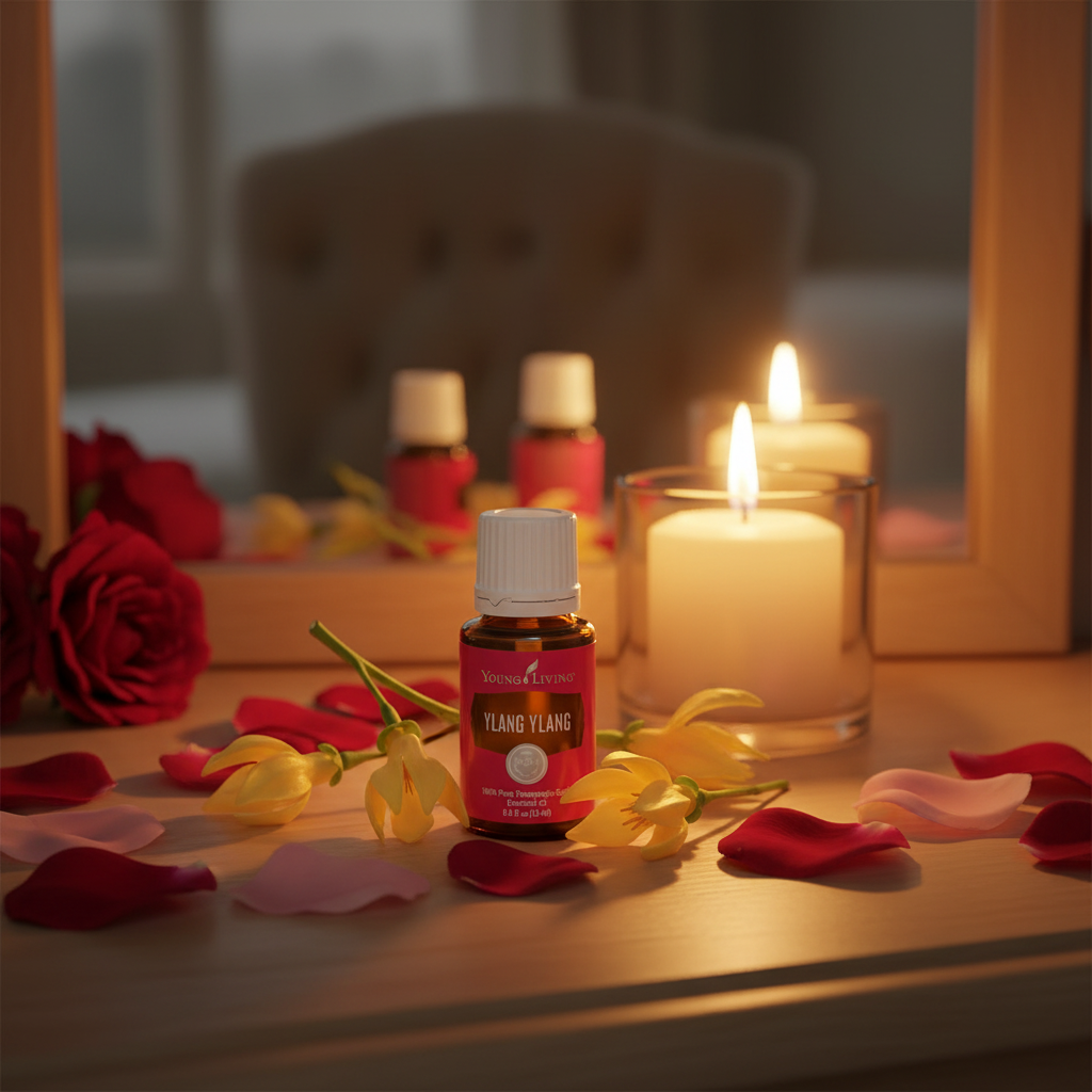 Ylang Ylang essential oil on romantic vanity with flowers and candle