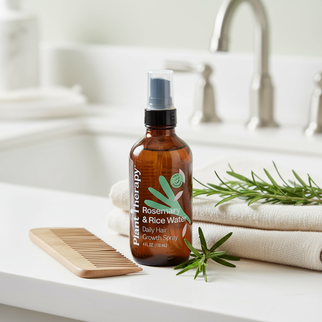 Rosemary & Rice Water hair spray on bathroom vanity