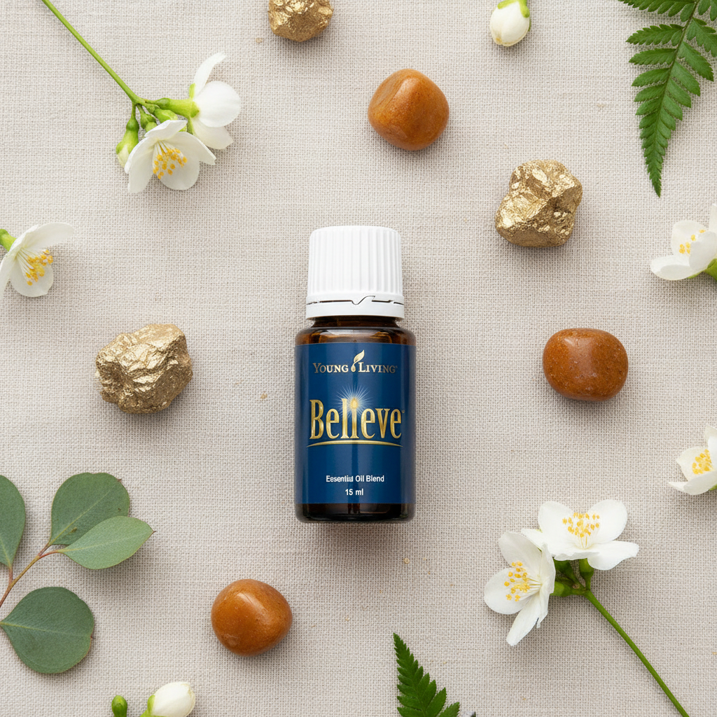 Believe essential oil gold crystal flat lay