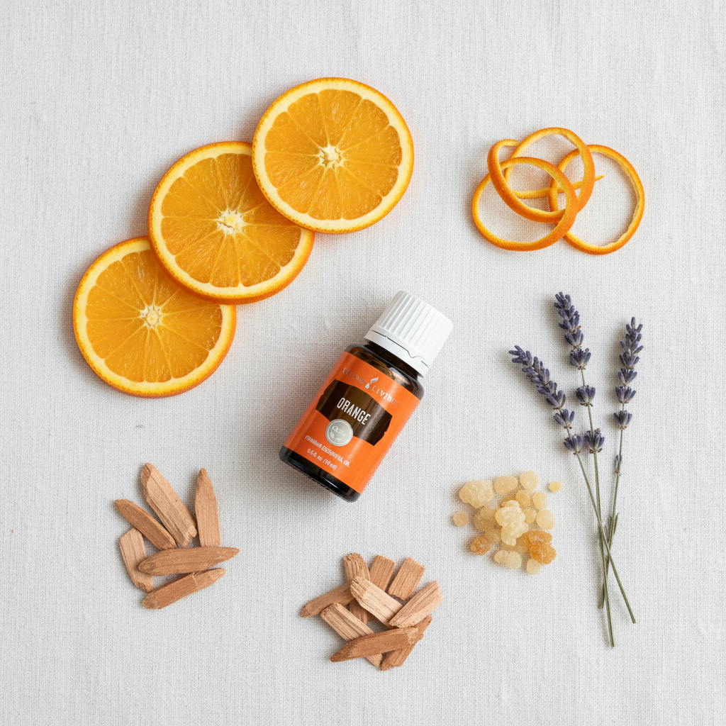 Orange essential oil flat lay on white linen with orange slices, rind curls, lavender and cedarwood