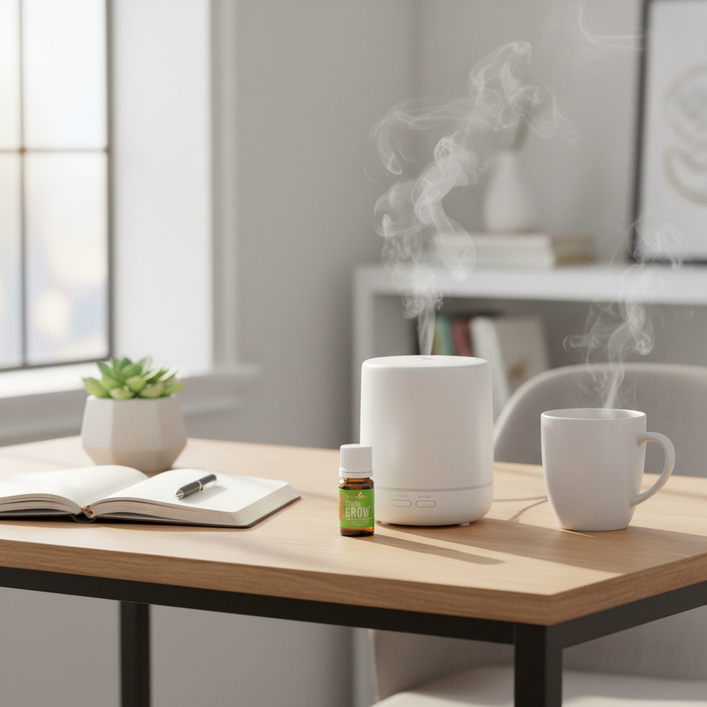 Young Living Oola Grow essential oil on minimalist desk with diffuser, journal and succulent