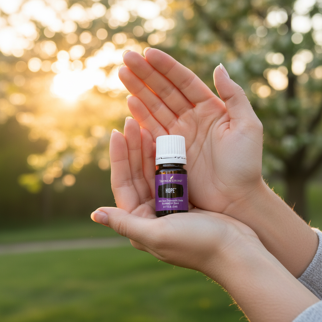 Hope oil held in hands outdoors in golden light
