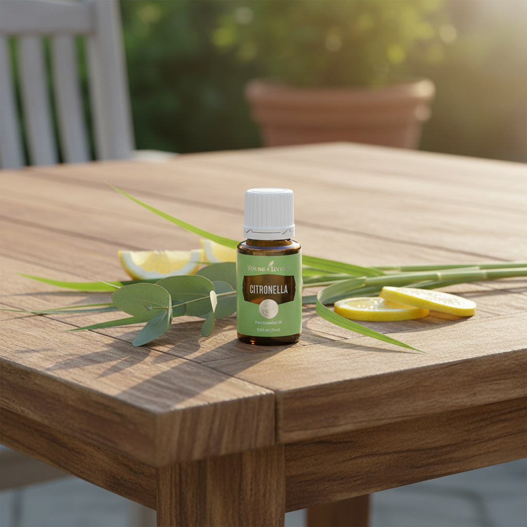 Citronella essential oil on rustic outdoor table with citronella grass, eucalyptus and lemon in summer sunlight